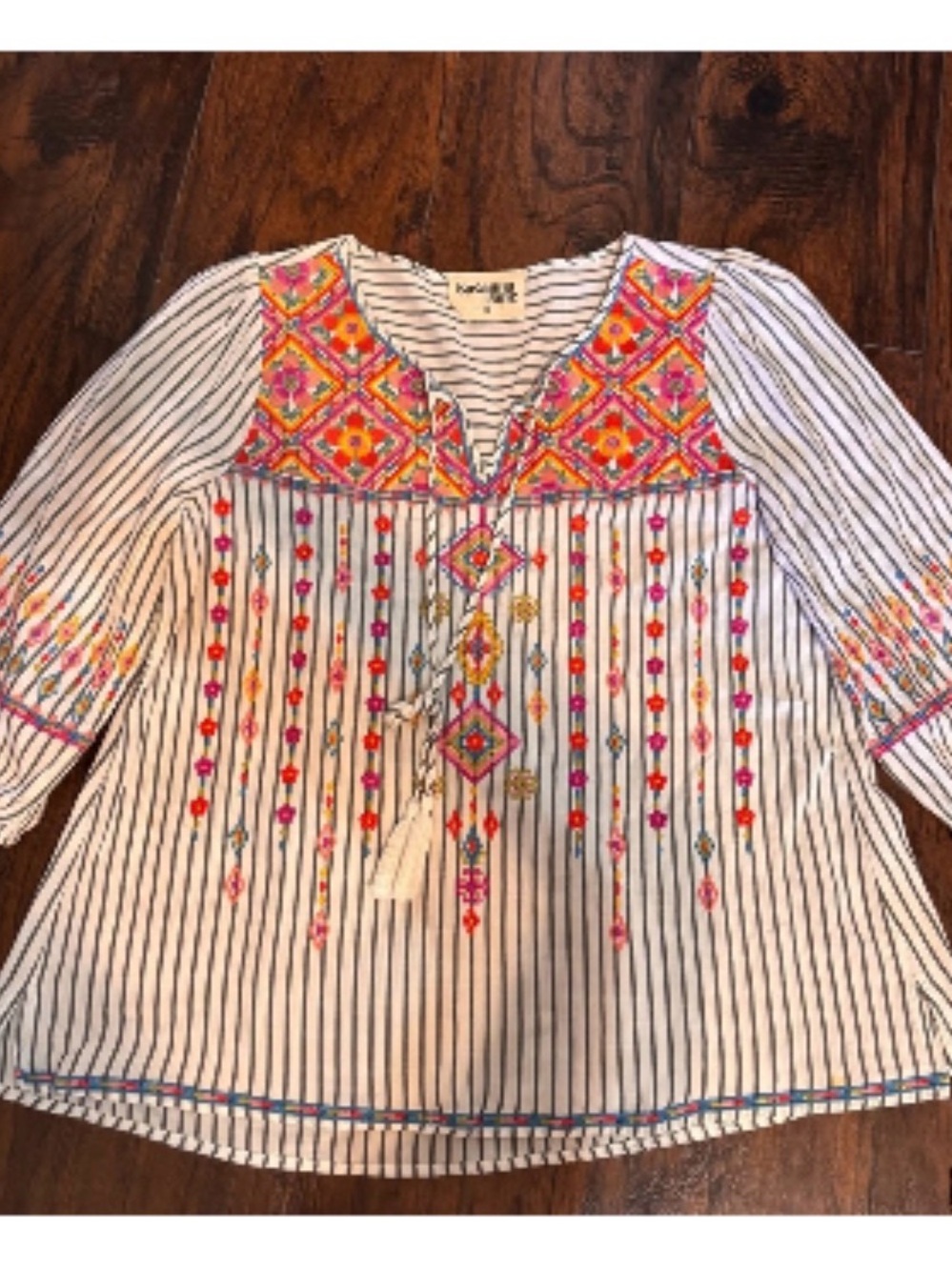 Savanna Jane White Striped Tunic with Multicolor Embroidery